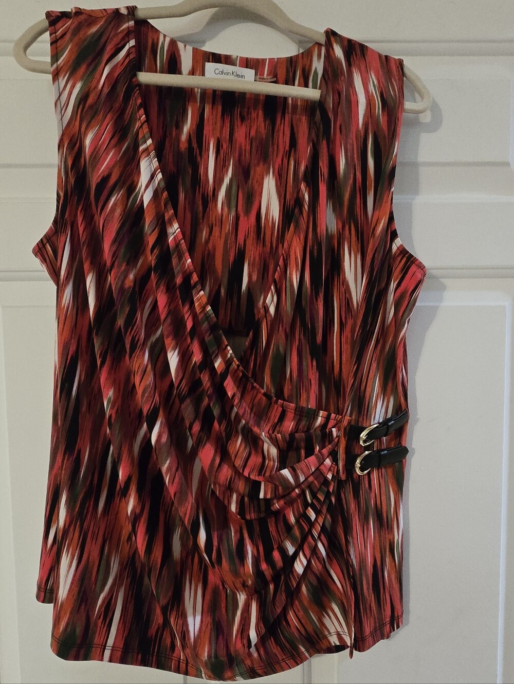 Calvin Klein Red Pink and Black Abstract Wrap-Style Sleeveless Top